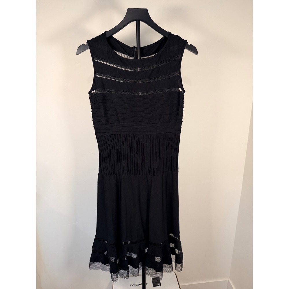 Tadashi Shoji Black Pintuck Mesh Inset Sleeveless Cocktail Dress 6L799M Medium